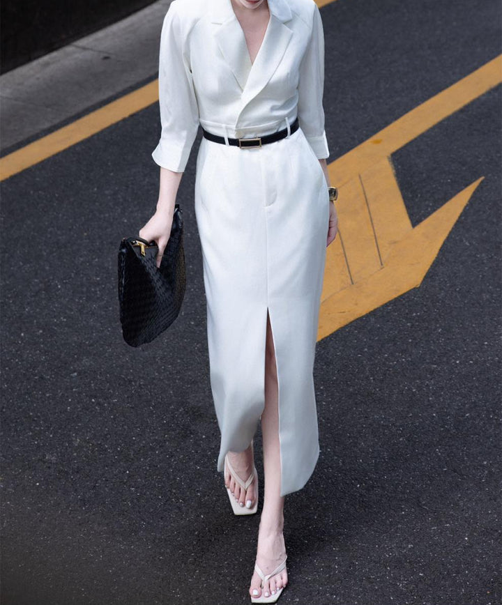 tailored wrap shirt-dress with front slit – VELINA