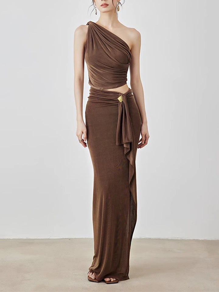 褶皱喇叭袖上衣和高腰裙套装，配腰带 – Rosiny 