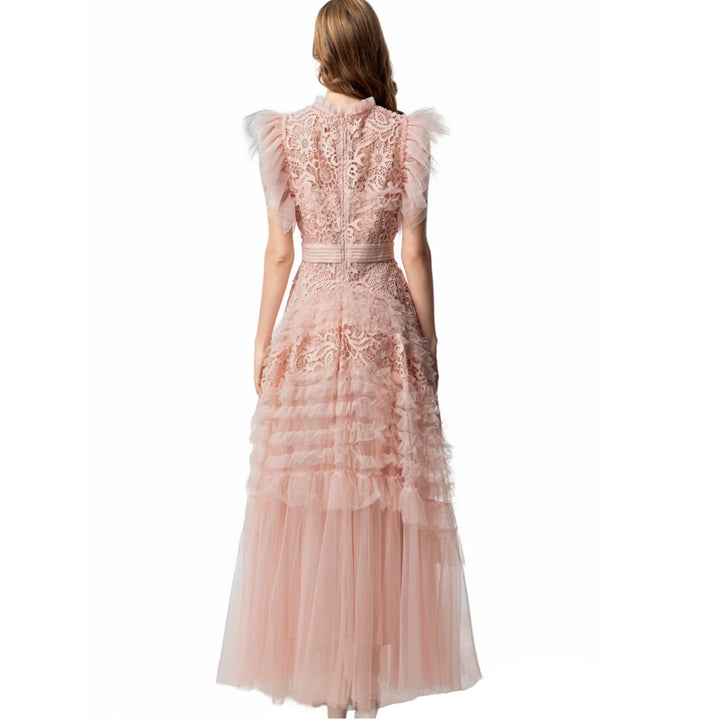 ruffled lace gown with pleated tulle sleeves – AMÉLIE