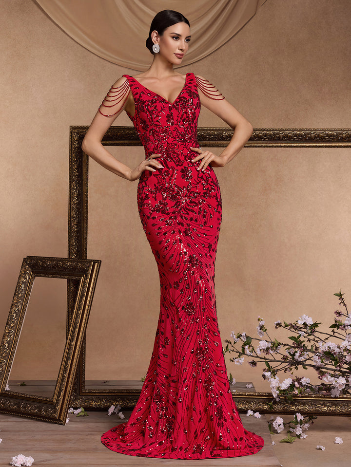 embellished V-neck mermaid gown with shoulder drape – ADELIA