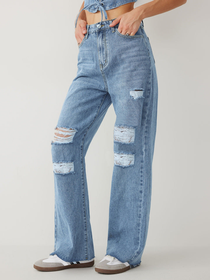 high-waist wide-leg jeans with distressed details – RAVENIXA