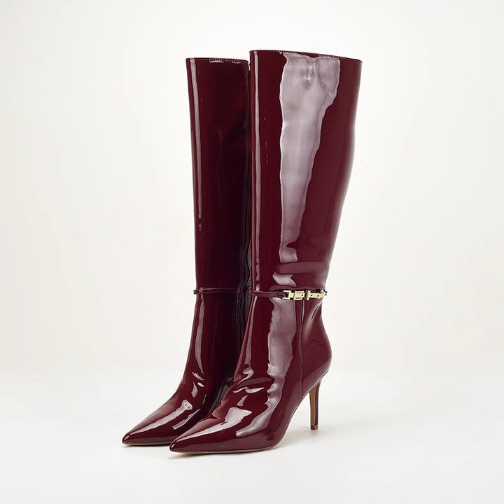 patent leather knee-high boots with gold buckle – VERA