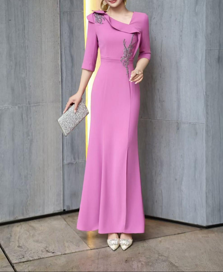 embellished draped-collar mermaid dress – ROYAL FUCHSIA