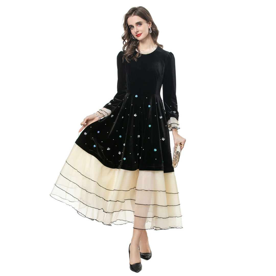 velvet gown with pearl embellishments and layered hem – LUMIÈRE