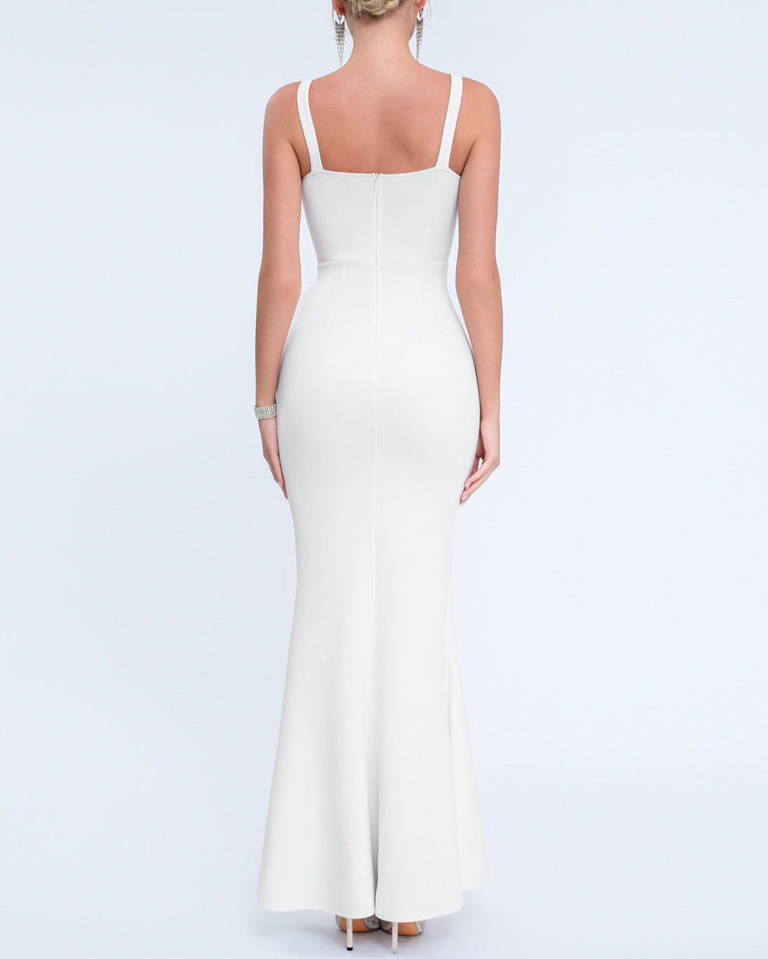 sleeveless column dress with draped neckline and floral accents – SERENABI