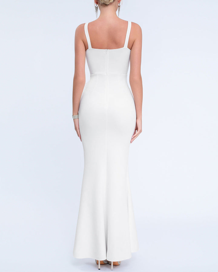 sleeveless column dress with draped neckline and floral accents – SERENABI