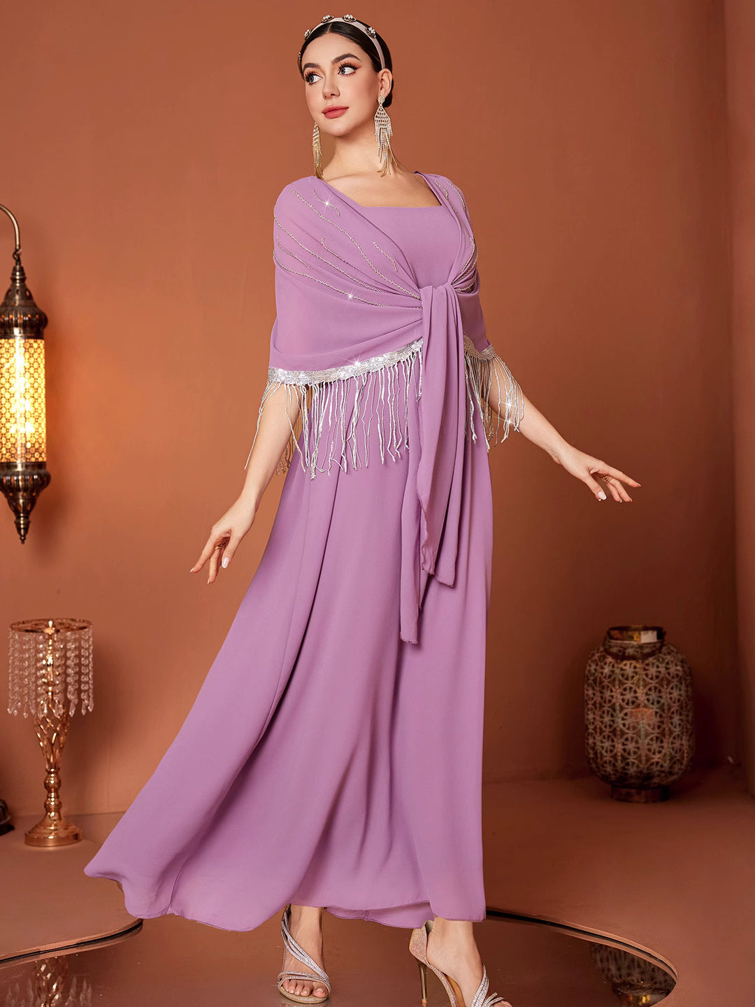 sleeveless column dress with draped fringe cape - AMIXUNA