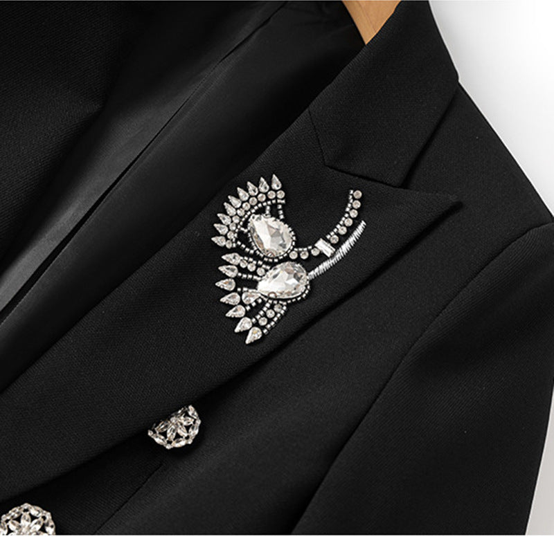 Embellished double-breasted blazer with crystal brooch – JEWEL