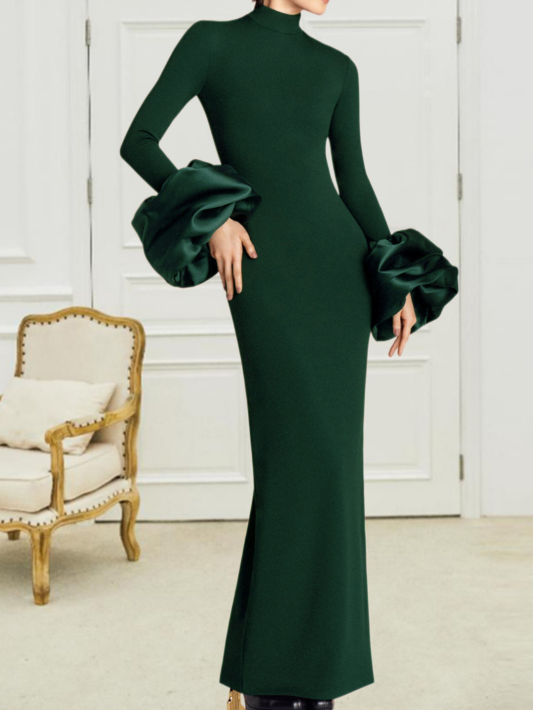 Geplooide top met uitlopende mouwen en maxi-rok set met tailleband – Rosiny 