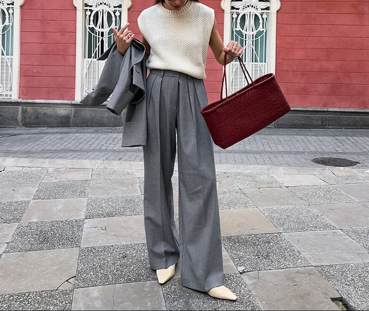 pleated high-waist tailored pants with draped front panel – LÉONE