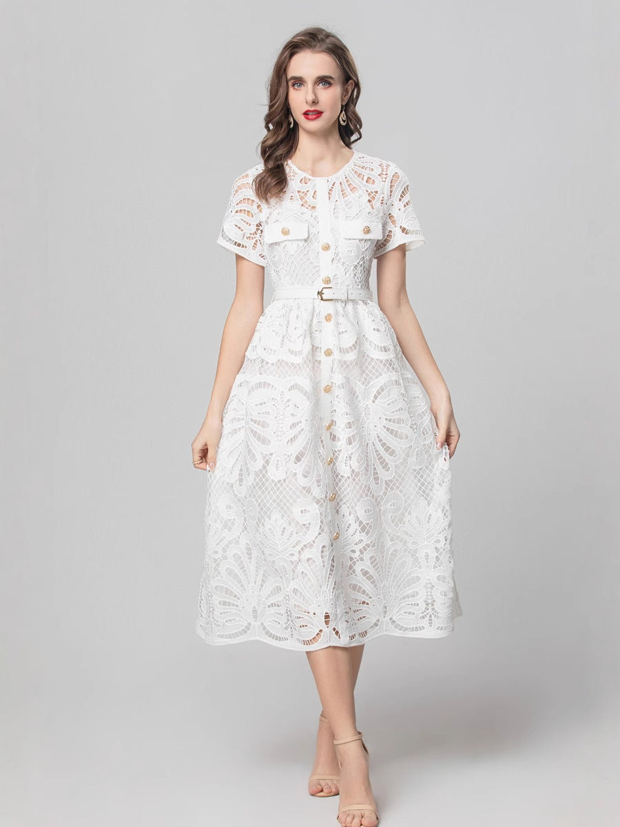 short-sleeve lace midi dress with belt – SERENA
