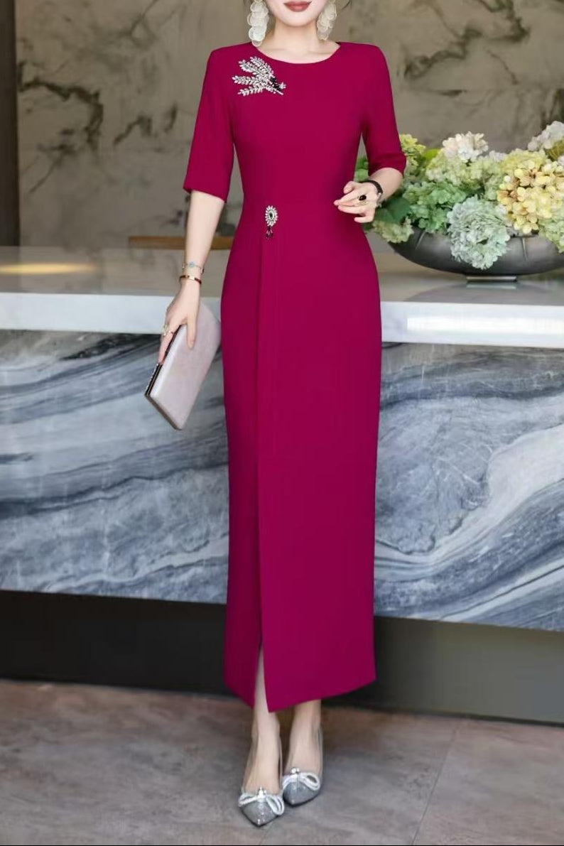 elegant column dress with crystal brooch accents – AMIRA