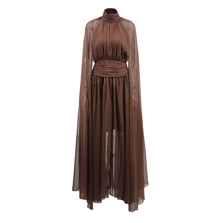 high-neck gown with sheer cape overlay – NOIRIPU