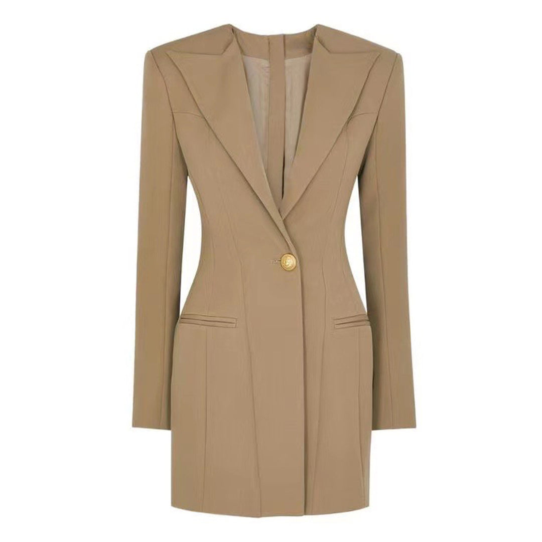 structured blazer mini dress with single gold button – AURA