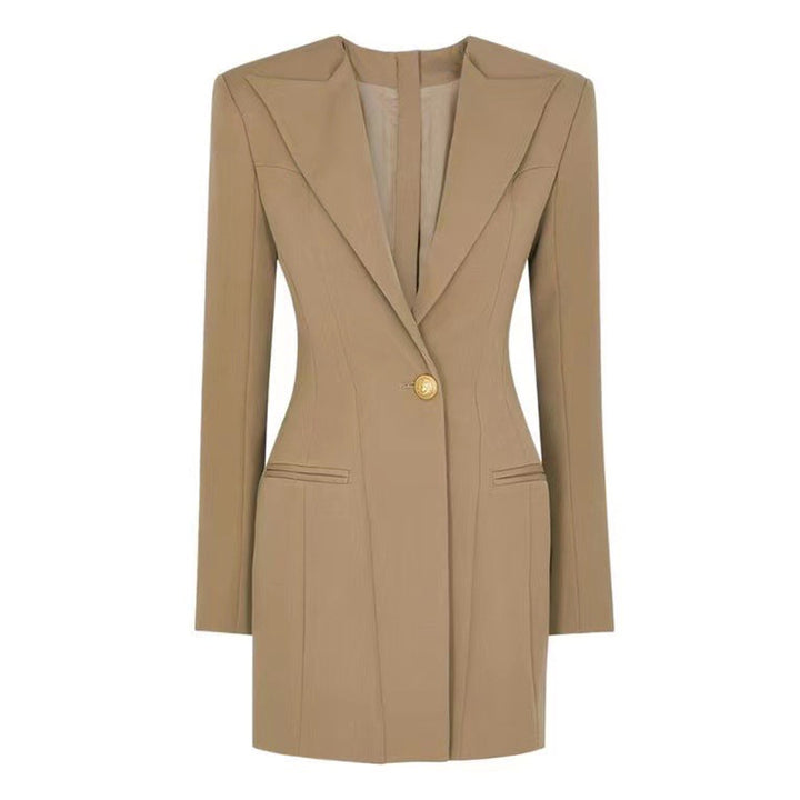 structured blazer mini dress with single gold button – AURA