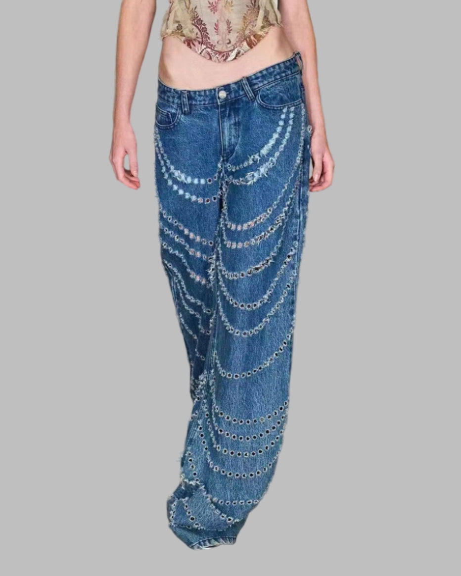 high-waist wide-leg jeans with chain embroidery - NOVAVRU