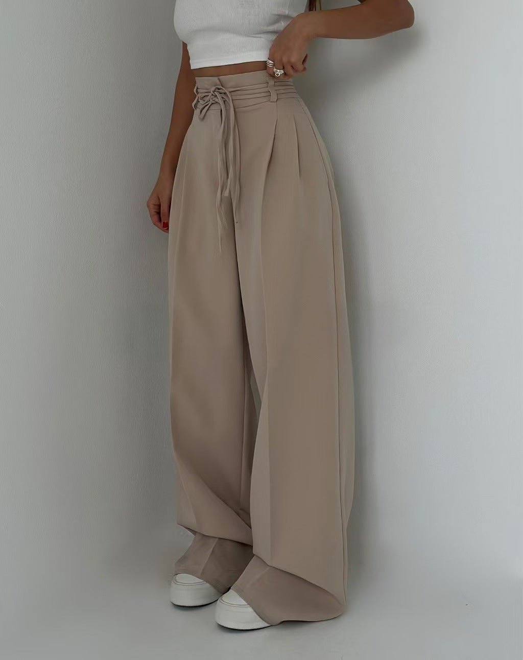 high-waist wide-leg pants with self-tie belt – SANDRA