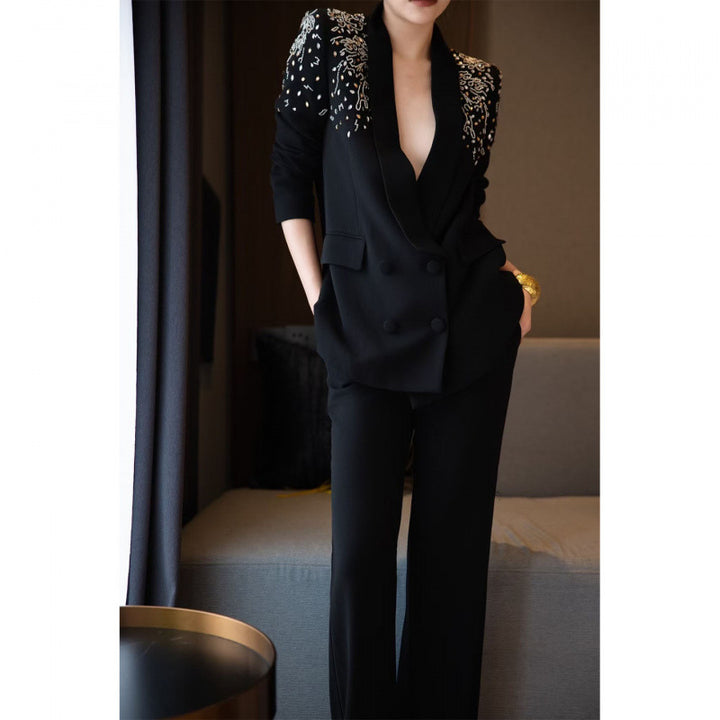 embellished-shoulder tailored blazer set – ASTERA