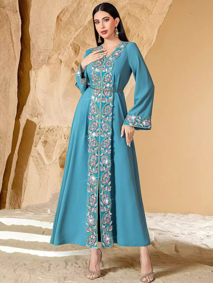 فستان ميدي غير متماثل بأكمام طويلة وياقة عالية - لون الزمرد