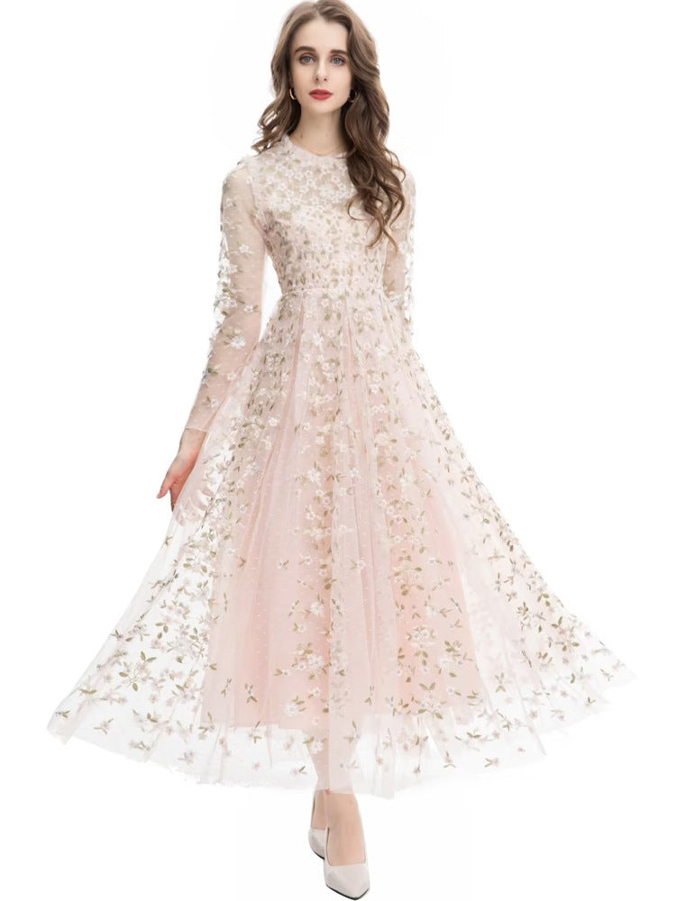 embroidered tulle midi gown with long sleeves – ORYVLA