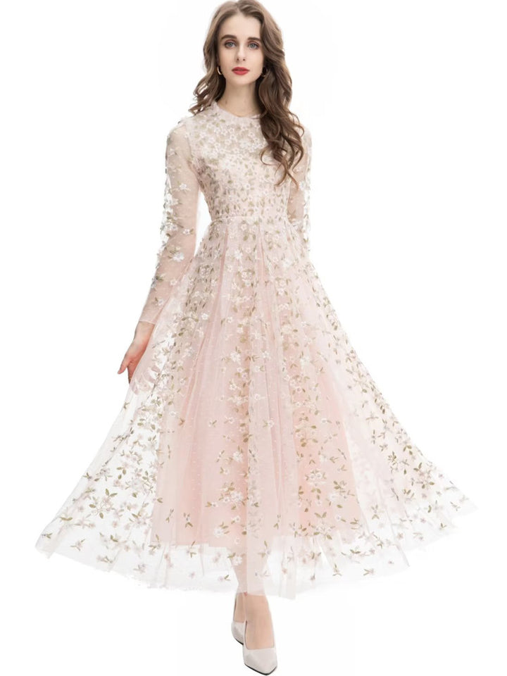 embroidered tulle midi gown with long sleeves – ORYVLA