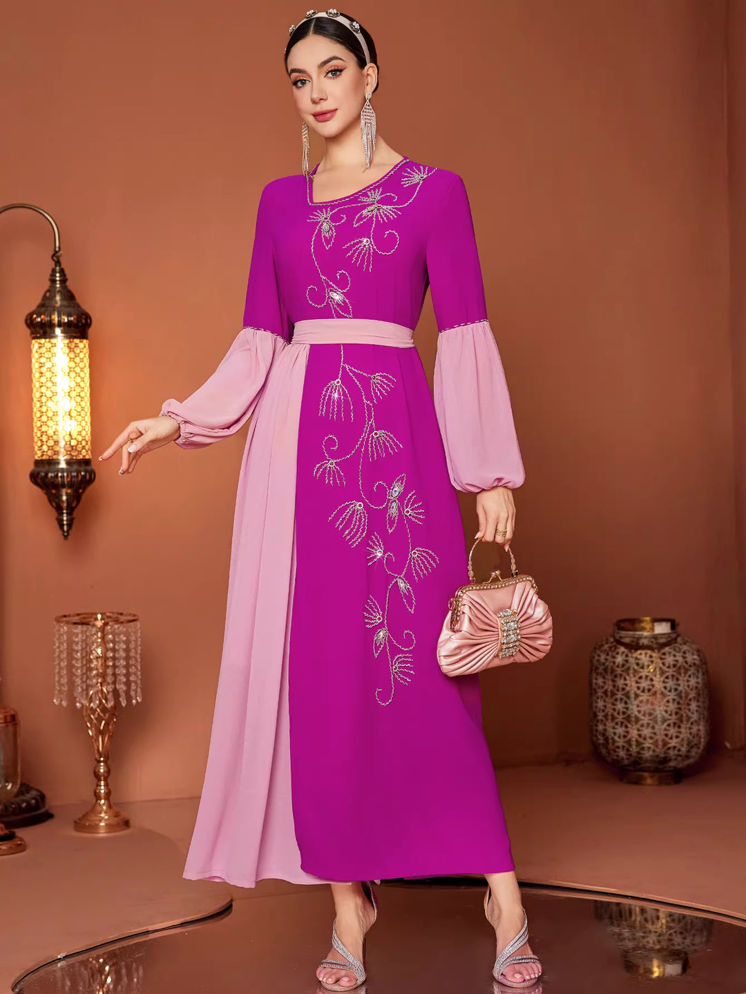 Embroidered Color-Block Maxi Dress with Chiffon Sleeves – VIOLETTE
