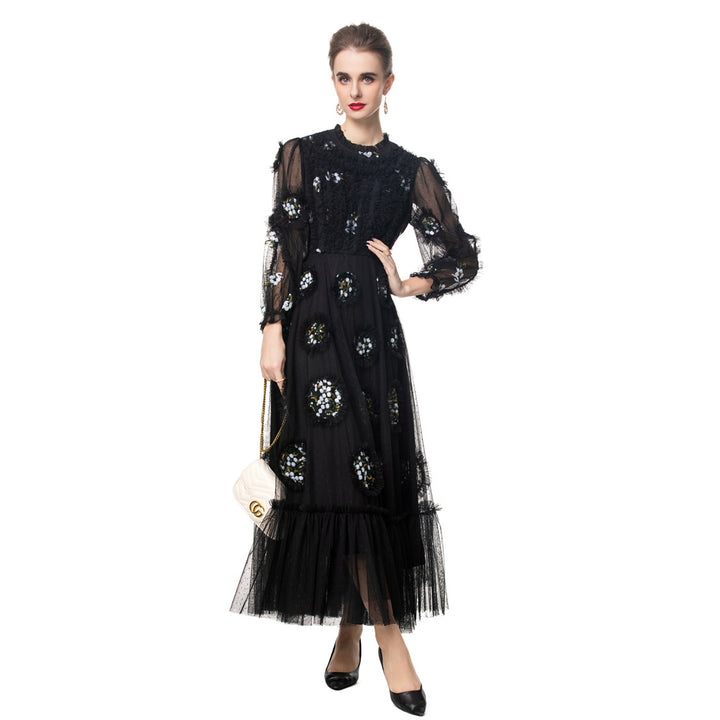 beaded tulle midi gown with sheer puff sleeves – NOIR BLOOM