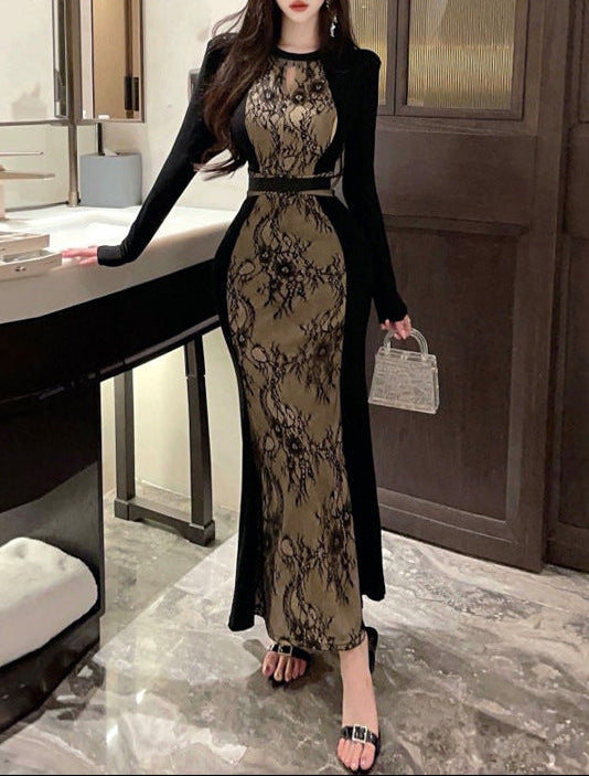 long-sleeve lace panel midi dress with contrast trim – SERENA