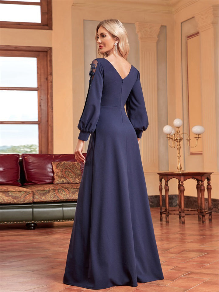 chiffon-sleeve evening gown with beaded waist – MIDNIGHT POISE