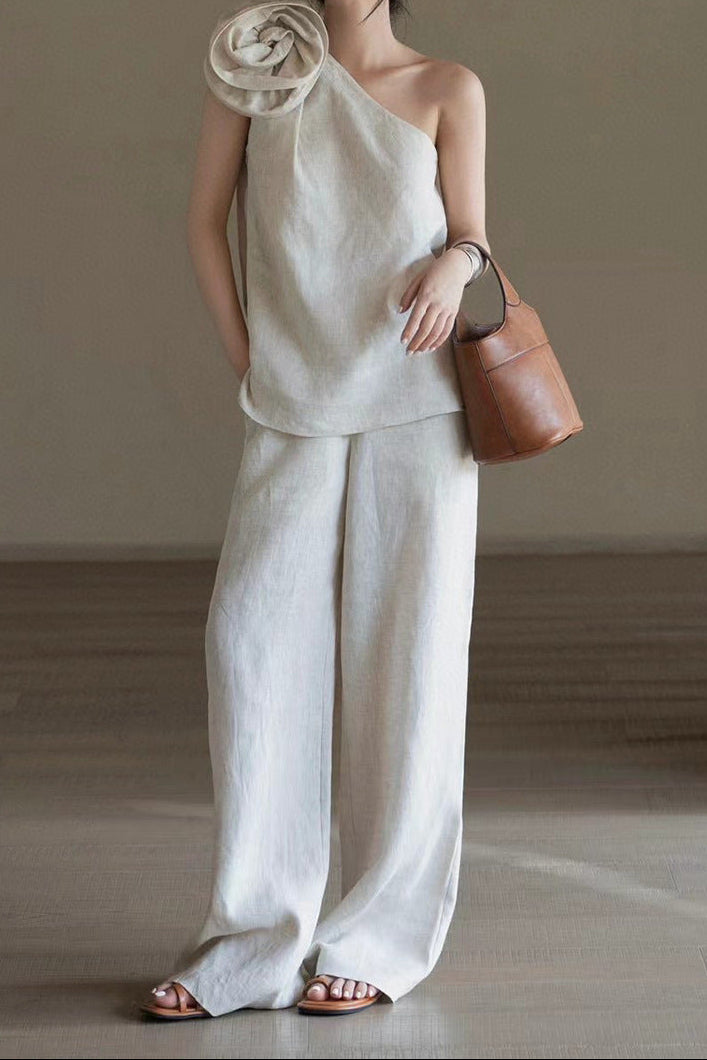 one-shoulder draped top with wide-leg linen trousers – IVORY