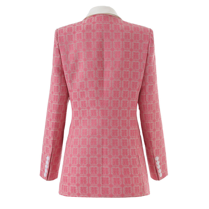 double-breasted jacquard blazer with satin lapel – ROSÉ