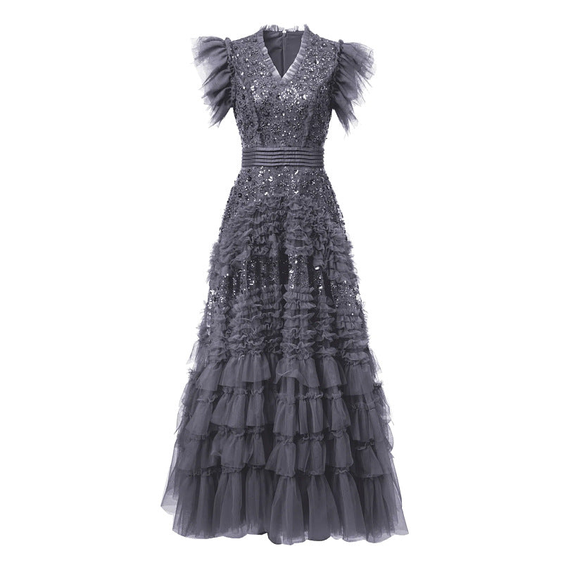 tiered tulle gown with sequin bodice and ruffled sleeves – CELESTE