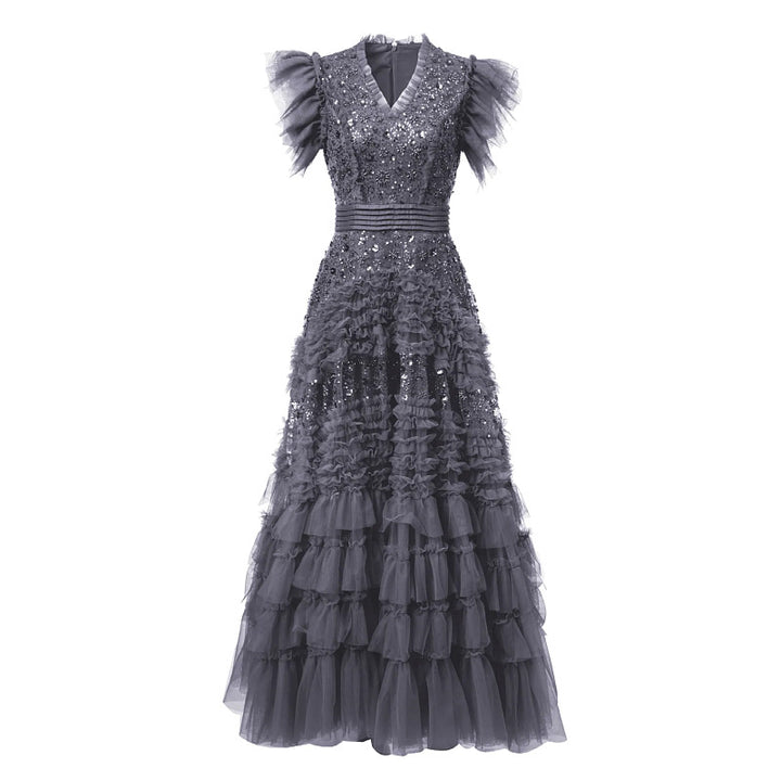 tiered tulle gown with sequin bodice and ruffled sleeves – CELESTE