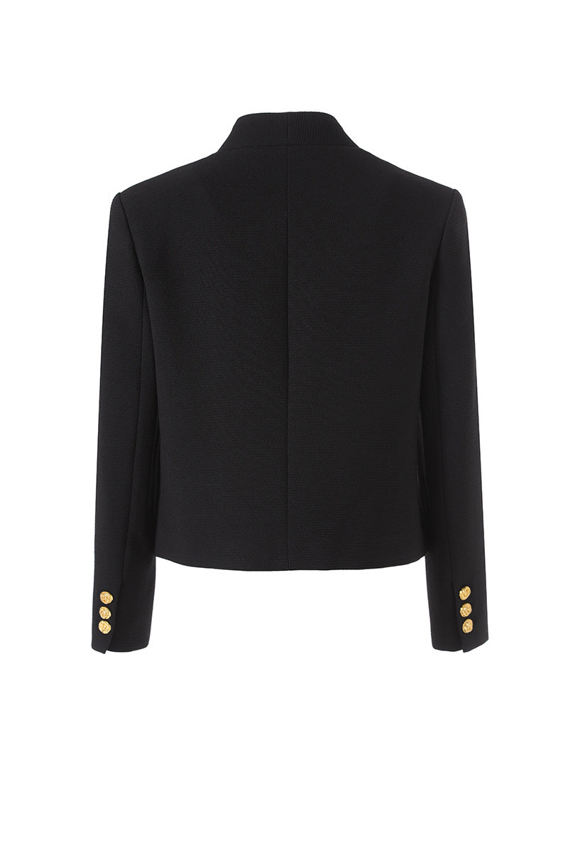 minimal collarless blazer with gold button closure – ONYX