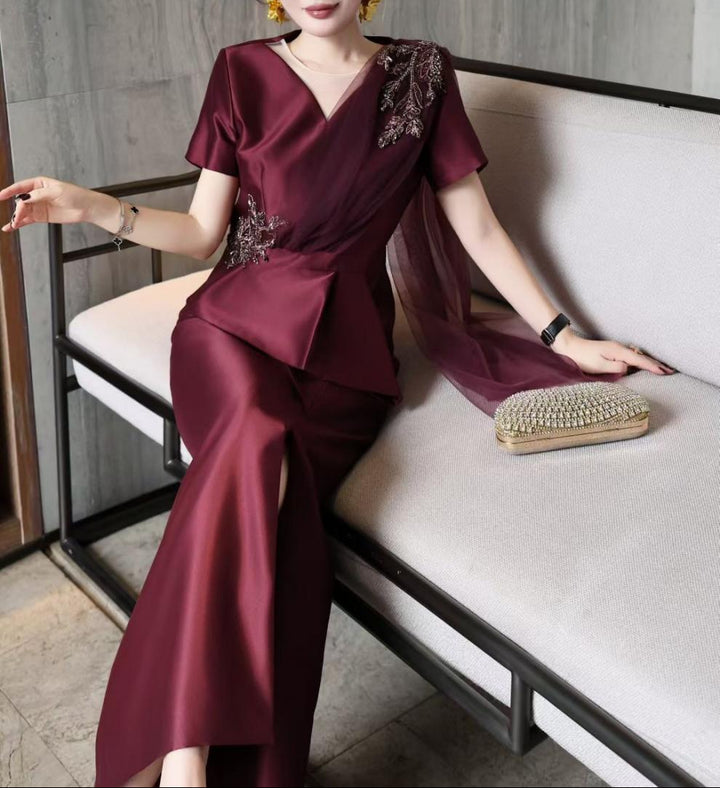 v-neck satin gown with embellished floral drape – NAVIA