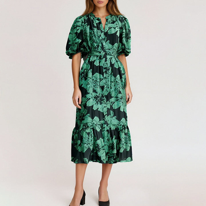 puff-sleeve floral midi dress with belted waist – IVYNZI