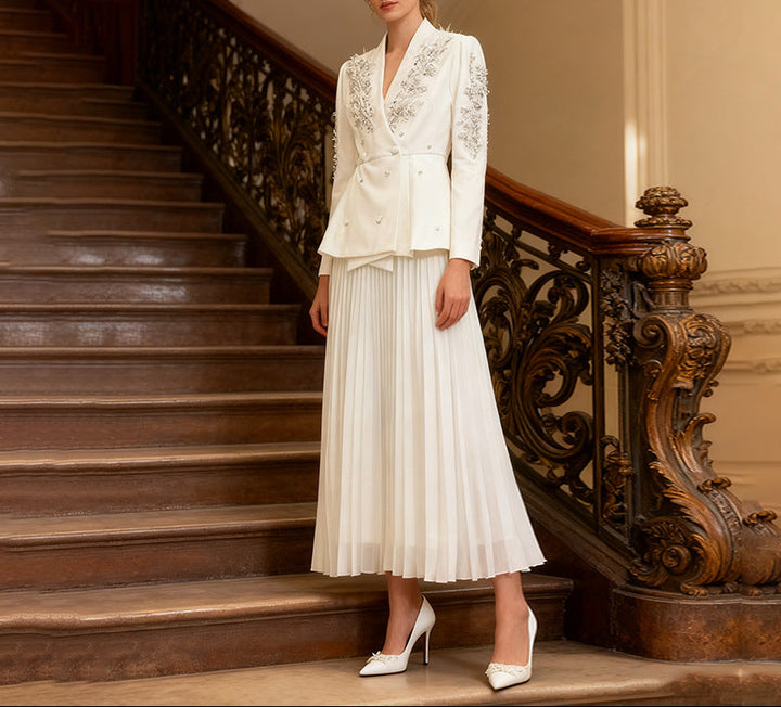 Plissiertes Oberteil mit ausgestellten Ärmeln und Maxirock-Set mit Taillengürtel – Rosiny 