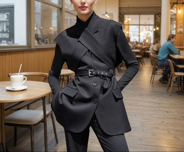 structured belted blazer with asymmetric lapel – VELORA