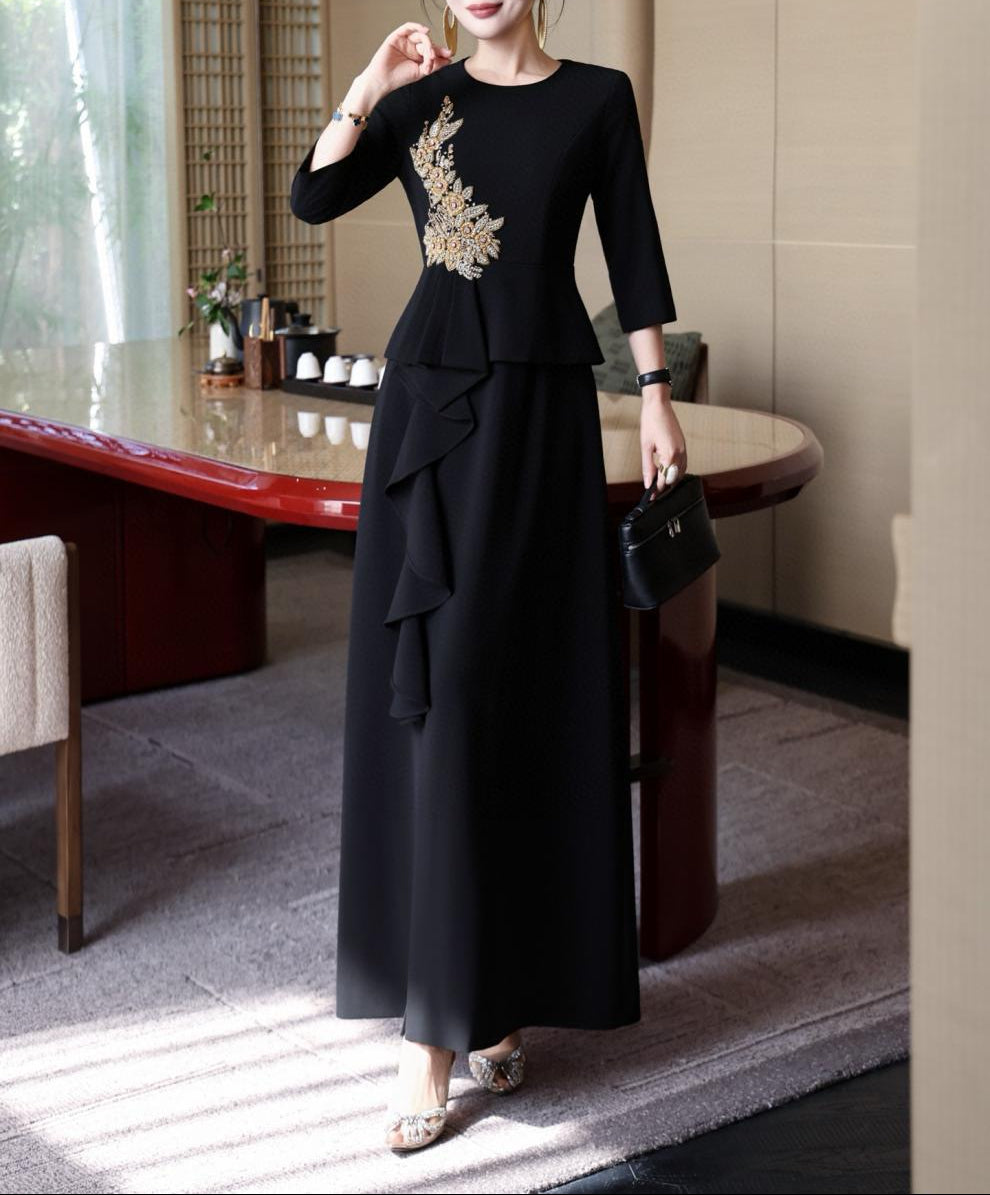 embellished peplum dress with cascading ruffle skirt – NOIR