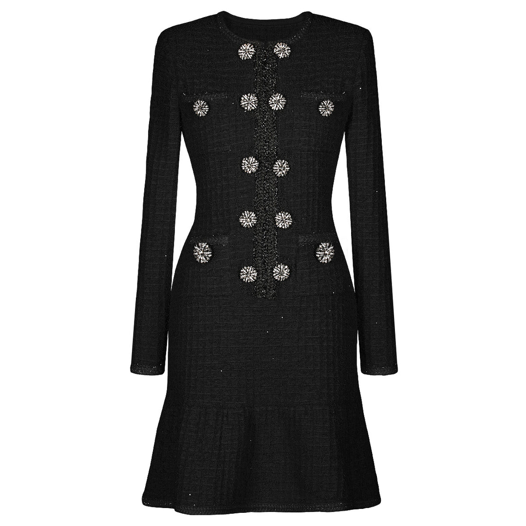 long-sleeve tweed mini dress with jeweled buttons – VIVIETE