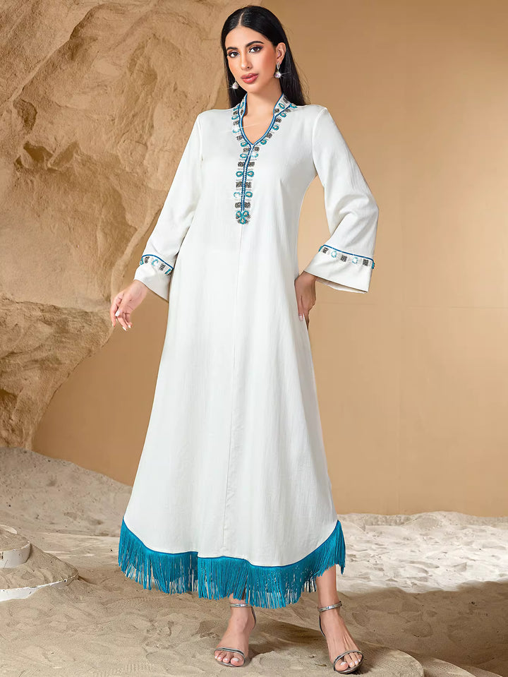 Embroidered White Maxi Dress with Fringe Hem – AZURA