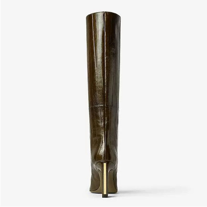 caramel knee-high leather boots with curved heel – SIENNA