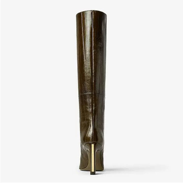 caramel knee-high leather boots with curved heel – SIENNA