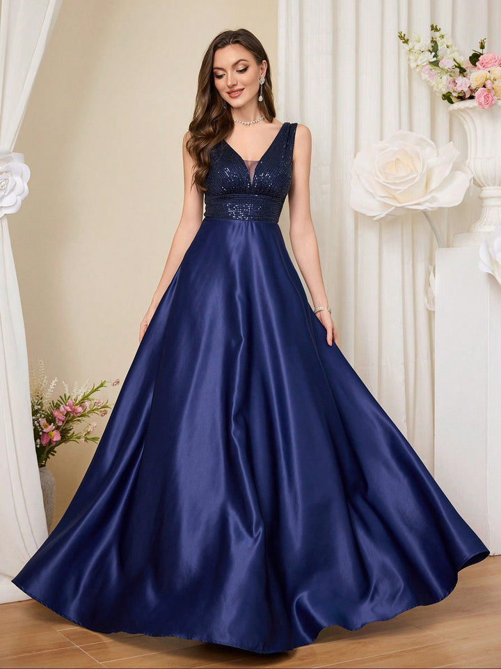 sleeveless satin gown with sequined bodice – CELERTE