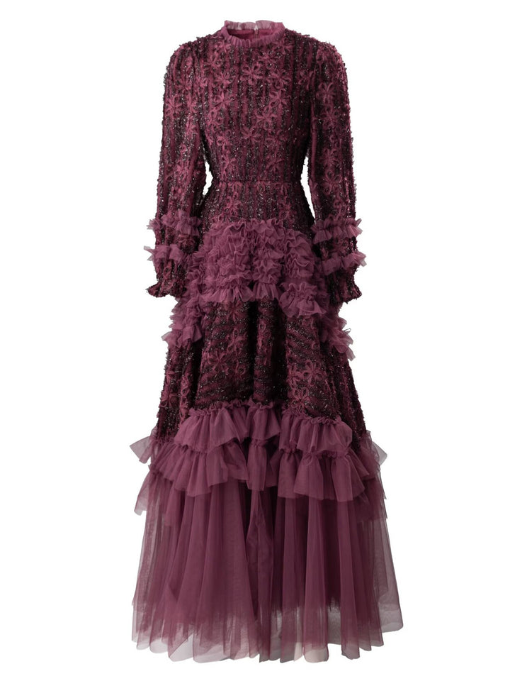 tiered tulle gown with floral lace and ruffle details – AMARANTH