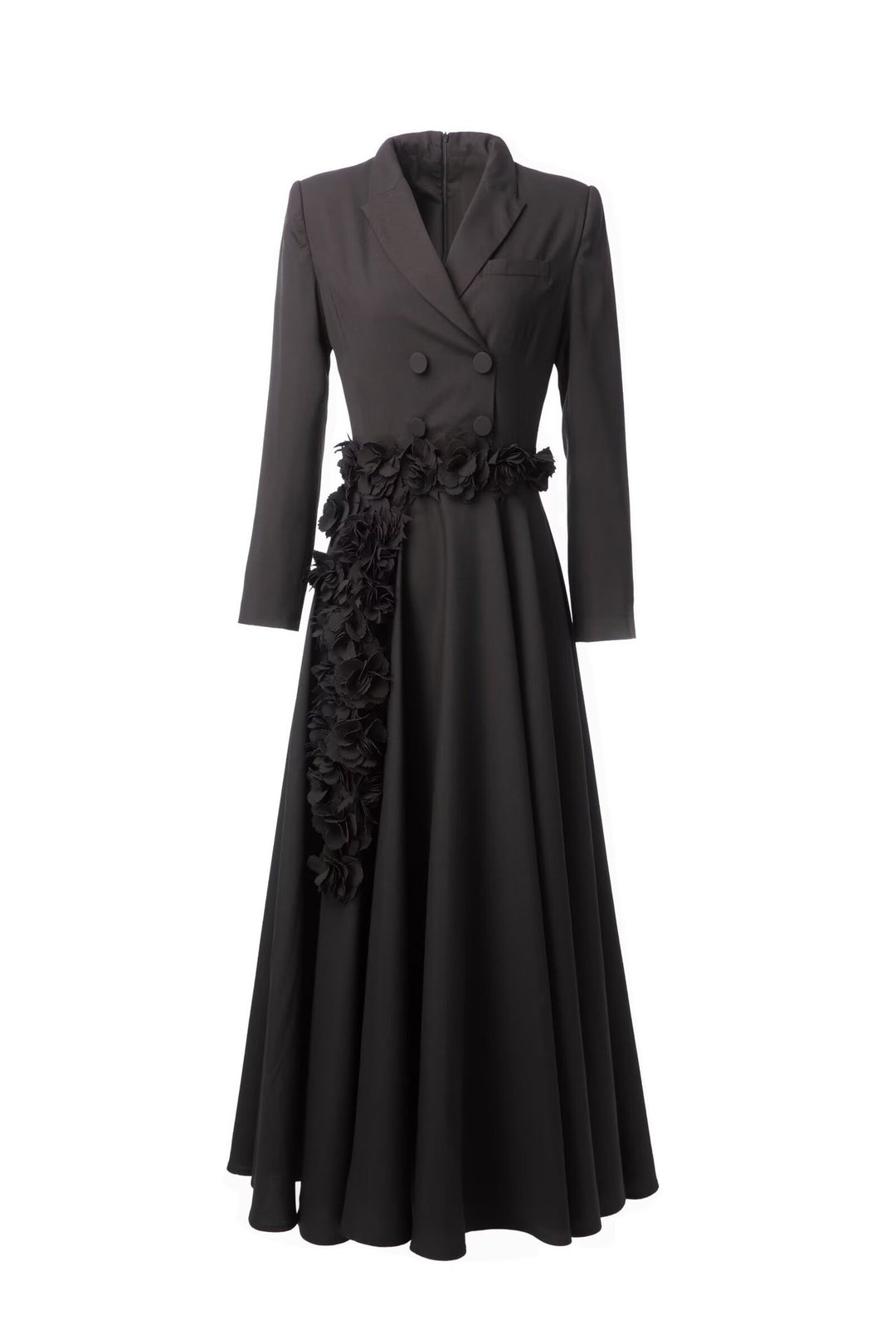 tailored double-breasted maxi dress with floral waist appliqué – ROSE