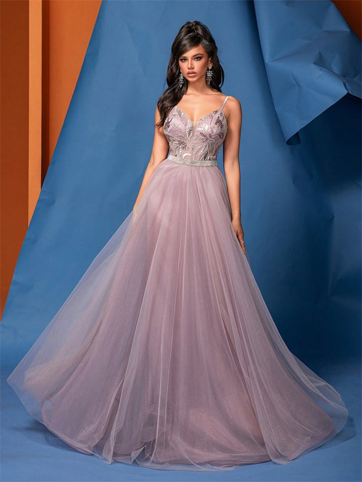 فستان تول بأشرطة رفيعة مع صدّار مطرز - لافندر ميست