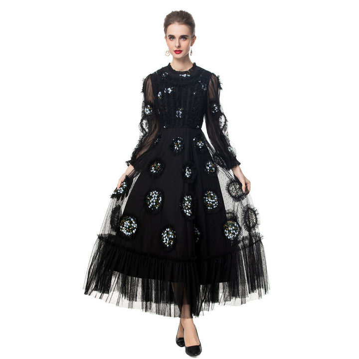 beaded tulle midi gown with sheer puff sleeves – NOIR BLOOM