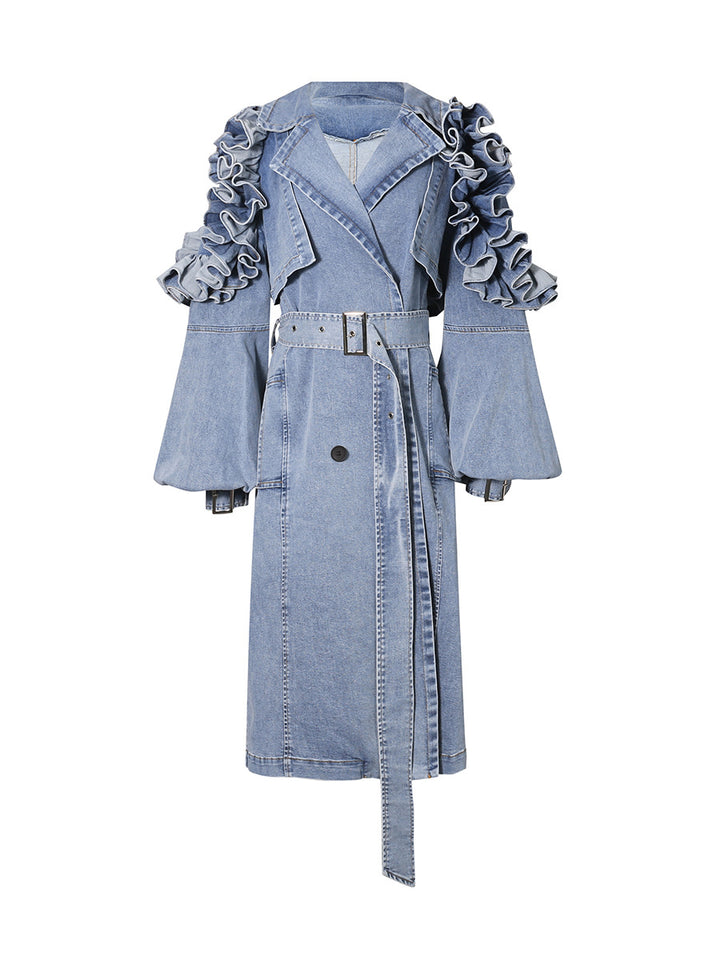 ruffled denim trench jacket with belted waist – ELARA