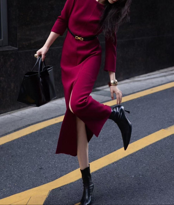 elegant shoulder-button column dress with front slit – NOIR